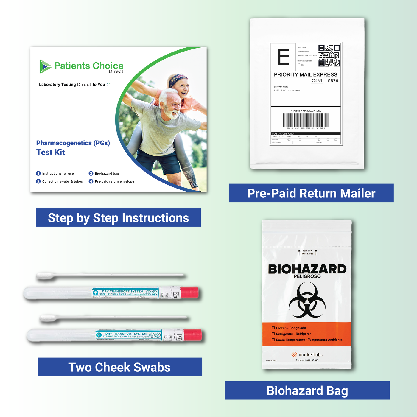 Everything you need to take your test is included! Step by step instructions, two cheek swabs, a biohazard bag, and a pre-paid return mailer.